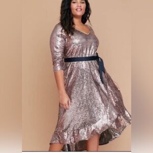 Lane Bryant 26/28 Gold Sequin Faux Wrap Dress with Ruffle